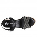 Sandale pour femmes avec courroie, plateforme et strass en cuir noir avec talon compensé 9 - Pointures disponibles:  32, 34, 35