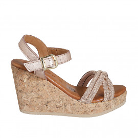 Woman's strap and platform sandal in copper laminated leather with rhinestones wedge heel 9 - Available sizes:  32, 34, 35