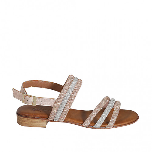 Sandalo da donna in pelle laminata rame e argento con strass tacco 2 - Misure disponibili: 32, 33, 34, 35, 44, 45