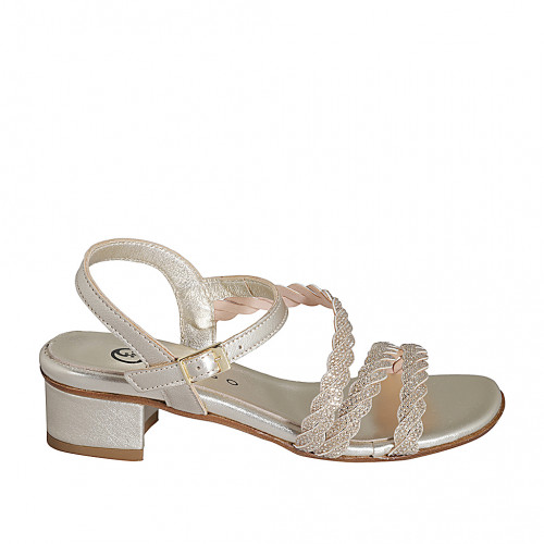 Woman's strap sandal with rhinestones in platinum laminated braided leather heel 3 - Available sizes:  33, 34, 35, 43, 44, 45