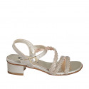 Woman's strap sandal with rhinestones in platinum laminated braided leather heel 3 - Available sizes:  33, 34, 35, 43, 44, 45