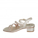 Woman's strap sandal with rhinestones in platinum laminated braided leather heel 3 - Available sizes:  33, 34, 35, 43, 44, 45