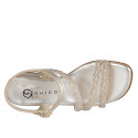 Woman's strap sandal with rhinestones in platinum laminated braided leather heel 3 - Available sizes:  33, 34, 35, 43, 44, 45