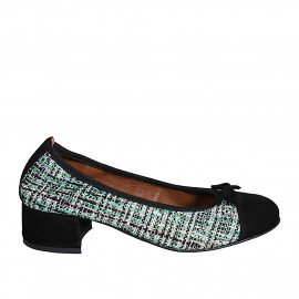 Woman's ballerina with bow and captoe in black suede and multicolored fabric heel 4 - Available sizes:  32, 33, 35, 42, 43, 44, 45