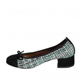 Ballerina da donna con fiocco e puntale in camoscio nero e tessuto multicolor tacco 4 - Misure disponibili: 32, 35, 42 2
