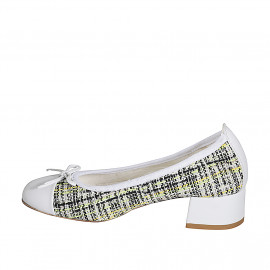 Woman's ballerina with bow and captoe in white leather and multicolored fabric heel 4 - Available sizes:  32, 35, 42, 43, 44 2