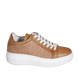 Woman's laced shoe with removable insole in cognac brown leather and braided fabric wedge heel 4 - Available sizes:  32, 35, 42, 43, 44, 45