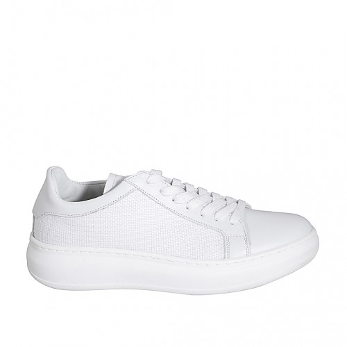 Zapato para mujer con cordones y plantilla extraible en piel y tejido trensada blanca cuña 4 - Tallas disponibles:  42, 44