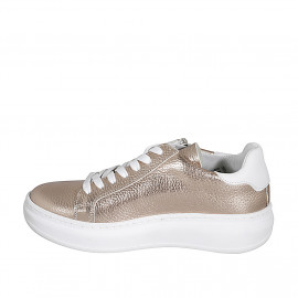 Zapato con cordones, cremallera y plantilla extraible para mujer en piel blanca y laminada cobrizo cuña 4 - Tallas disponibles:  35, 42 2