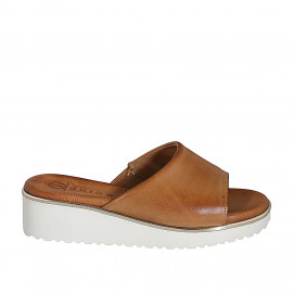 Woman's open mule with elastic band in cognac brown leather wedge heel 4 - Available sizes:  35