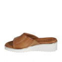 Woman's open mule with elastic band in cognac brown leather wedge heel 4 - Available sizes:  34, 35
