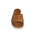 Woman's open mule with elastic band in cognac brown leather wedge heel 4 - Available sizes:  34, 35