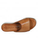 Woman's open mule with elastic band in cognac brown leather wedge heel 4 - Available sizes:  34, 35