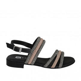 Sandalo da donna in pelle laminata nera con strass rame e argento tacco 2 - Misure disponibili: 32, 34, 35, 43