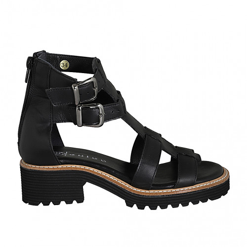 Chaussure ouverte pour femmes en cuir noir avec fermeture éclair et boucles talon 4 - Pointures disponibles:  32, 35