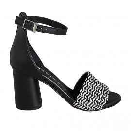 Chaussure ouverte pour femmes avec courroie en cuir noir et raphia noir et blanc talon 7 - Pointures disponibles:  32, 33, 34, 35, 42, 43, 44