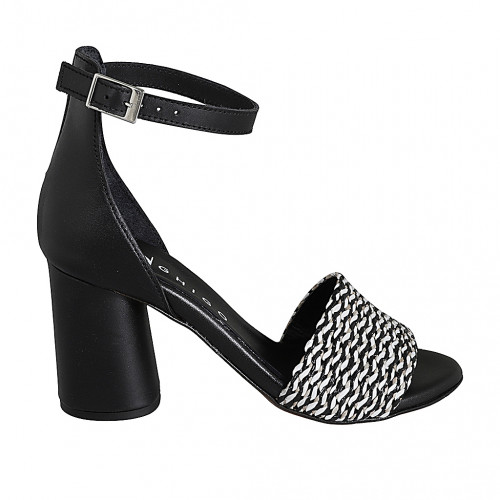 Chaussure ouverte pour femmes avec courroie en cuir noir et raphia noir et blanc talon 7 - Pointures disponibles:  32, 33, 34, 35, 42, 43, 44