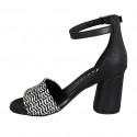 Chaussure ouverte pour femmes avec courroie en cuir noir et raphia noir et blanc talon 7 - Pointures disponibles:  32, 33, 34, 35, 42, 43, 44