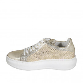 Chaussure à lacets pour femmes avec semelle amovible en cuir laminé et tissu tressé platine talon compensé 4 - Pointures disponibles:  35, 42 2