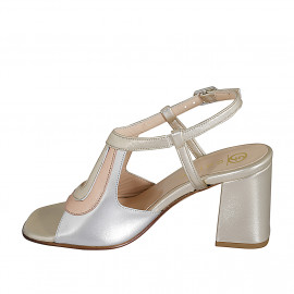 Woman's highfronted sandal in laminated platinum, silver and copper leather heel 7 - Available sizes:  32, 35, 46 2
