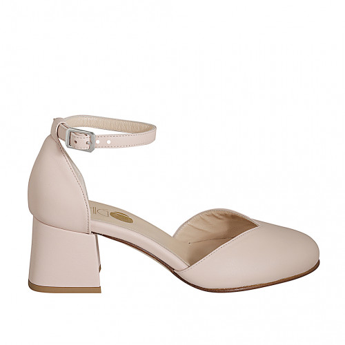 Zapato abierto con punta redonda con cinturon en piel rosado claro tacon 5 - Tallas disponibles:  32, 35, 43, 44, 45, 46