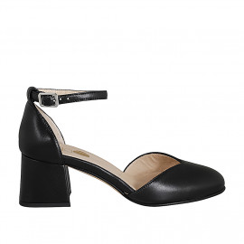 Woman's rounded open shoe with strap in black leather heel 5 - Available sizes:  32, 33, 35