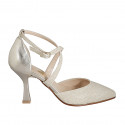 Woman's pointy open shoe with crossed strap in platinum laminated leather and glittered fabric heel 8 - Available sizes:  32, 35, 42, 43, 44, 45, 46