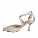 Woman's pointy open shoe with crossed strap in platinum laminated leather and glittered fabric heel 8 - Available sizes:  32, 35, 42, 43, 44, 45, 46
