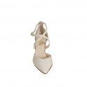 Woman's pointy open shoe with crossed strap in platinum laminated leather and glittered fabric heel 8 - Available sizes:  32, 35, 42, 43, 44, 45, 46