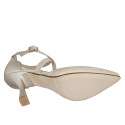Woman's pointy open shoe with crossed strap in platinum laminated leather and glittered fabric heel 8 - Available sizes:  32, 35, 42, 43, 44, 45, 46