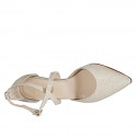Woman's pointy open shoe with crossed strap in platinum laminated leather and glittered fabric heel 8 - Available sizes:  32, 35, 42, 43, 44, 45, 46