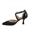 Woman's pointy open shoe with crossed strap in black patent leather and laminated fabric heel 8 - Available sizes:  32, 33, 34, 35, 42, 43, 44, 45, 46