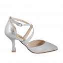 Woman's pointy open shoe with crossed strap in silver laminated leather and glittered fabric heel 8 - Available sizes:  35, 42, 45