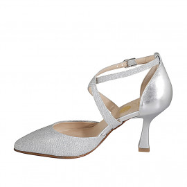 Woman's pointy open shoe with crossed strap in silver laminated leather and glittered fabric heel 8 - Available sizes:  42, 45 2