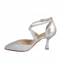 Woman's pointy open shoe with crossed strap in silver laminated leather and glittered fabric heel 8 - Available sizes:  35, 42, 45