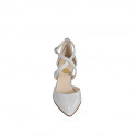Woman's pointy open shoe with crossed strap in silver laminated leather and glittered fabric heel 8 - Available sizes:  35, 42, 45