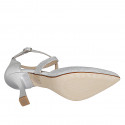 Woman's pointy open shoe with crossed strap in silver laminated leather and glittered fabric heel 8 - Available sizes:  35, 42, 45