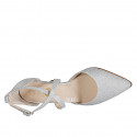 Woman's pointy open shoe with crossed strap in silver laminated leather and glittered fabric heel 8 - Available sizes:  35, 42, 45