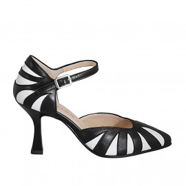 Woman's pointy open shoe with strap in black and white leather heel 8 - Available sizes:  35, 44