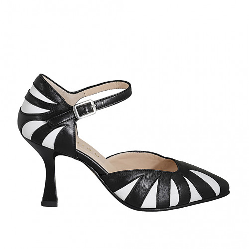 Chaussure ouverte pour femmes à bout pointu avec courroie en cuir noir et blanc talon 8 - Pointures disponibles:  35, 44
