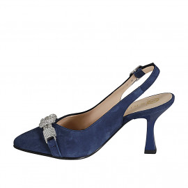 Chaussure ouverte à l'arrière et à bout pointu pour femmes en daim bleu et accesoire talon 8 - Pointures disponibles:  32, 35, 42 2