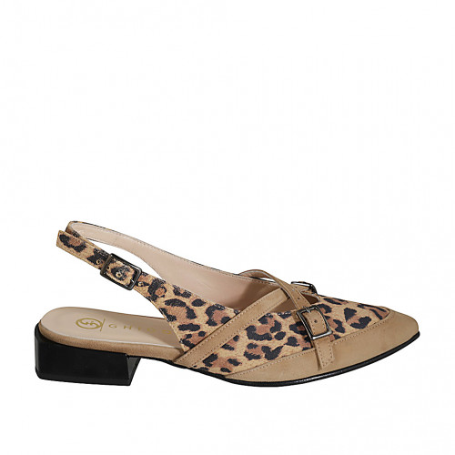 Décolleté aperta sul tallone in camoscio beige e maculato con cinturino incrociati tacco 3 - Misure disponibili: 35, 42