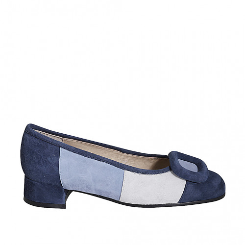 Zapato de salon con accessorio en gamuza azul, azul claro y gris tacon 3 - Tallas disponibles:  32, 43, 45