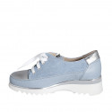 Chaussure pour femmes à lacets avec fermeture éclair en cuir et daim bleu clair y cuir lamé argent talon compensé 4 - Pointures disponibles:  32, 34, 35, 42, 43, 44, 45, 46