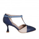 Chaussure ouverte à bout pointu pour femmes en cuir bleu, bleu clair et rose avec courroie salomé talon 7 - Pointures disponibles:  33, 35, 44, 46