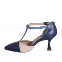 Chaussure ouverte à bout pointu pour femmes en cuir bleu, bleu clair et rose avec courroie salomé talon 7 - Pointures disponibles:  33, 35, 44, 46