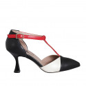 Woman's pointy open T-strap shoe in black, red and cream-colored leather heel 7 - Available sizes:  32, 35