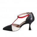 Woman's pointy open T-strap shoe in black, red and cream-colored leather heel 7 - Available sizes:  32, 35