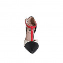 Woman's pointy open T-strap shoe in black, red and cream-colored leather heel 7 - Available sizes:  32, 35