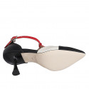 Woman's pointy open T-strap shoe in black, red and cream-colored leather heel 7 - Available sizes:  32, 35